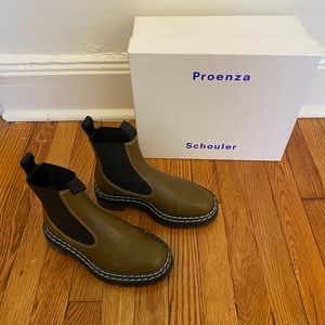 Proenza Schouler Topstitched Leather Chelsea Boots, Khaki/Army Green
